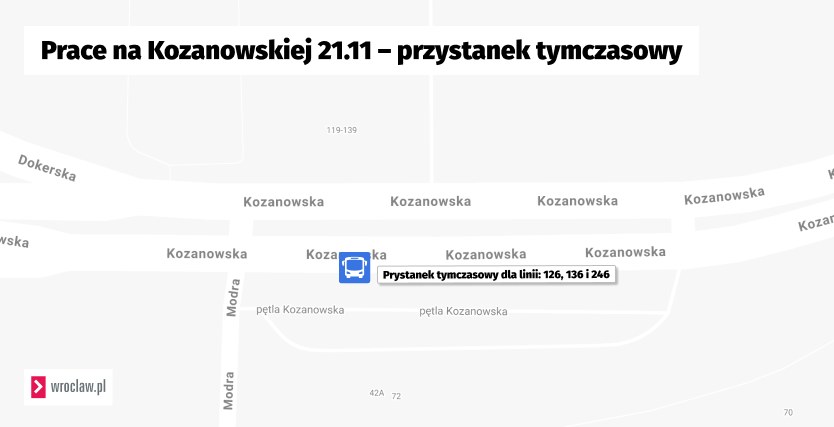 Powiększ obraz: Prace na Kozanowskiej 21.11 – przystanek tymczasowy. Mapa