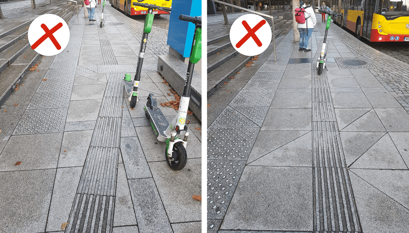 Powiększ obraz: Hulajnogi zaparkowane na pasach prowadzących w sposób utrudniający poruszanie się osobom z niepełnosprawnością wzroku