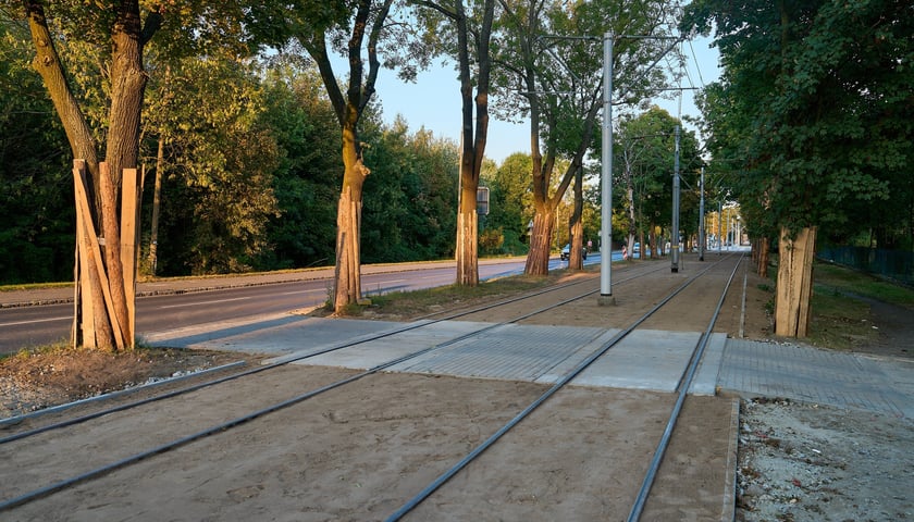 Powiększ obraz: Torowisko na ul. Kosmonautów pod koniec remontu. Jeszcze nie wszystko skończone, ale już jeżdżą tramwaje. Od 8 września wracają tu na stałe