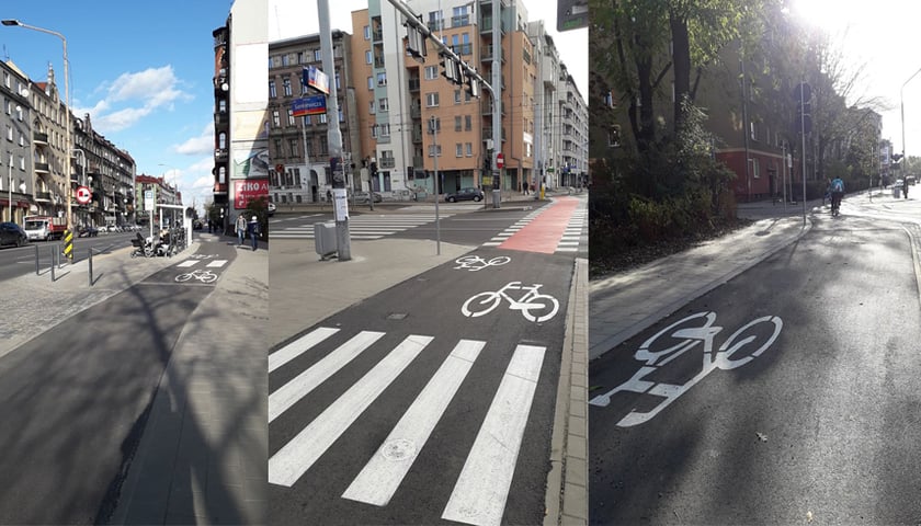 Powiększ obraz: Trzy zdjęcia pokazujące różne części trasy rowerowej wzdłuż ul. Wyszyńskiego