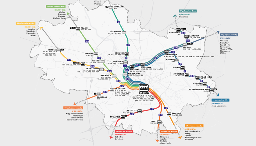Powiększ obraz: <p>Połączenia kolejowe na terenie Wrocławia - mapa.</p>