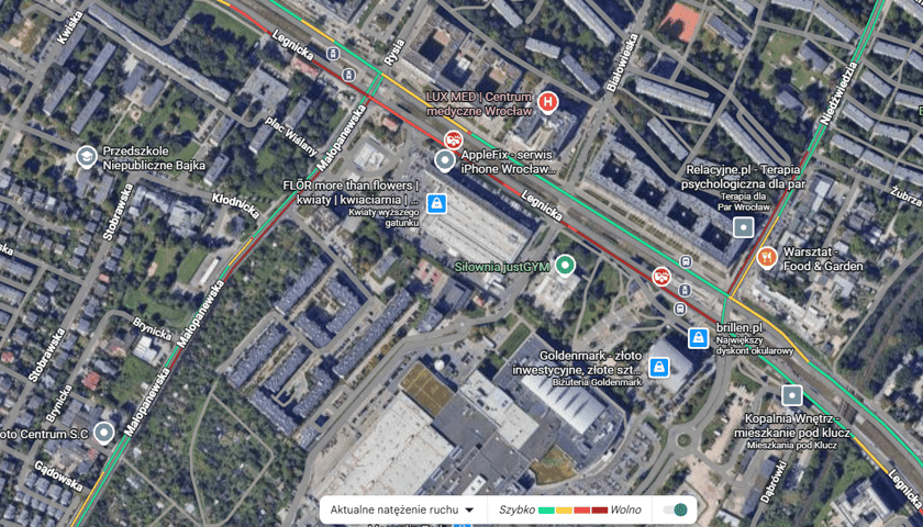 Powiększ obraz: <p>Utrudnienia w ruchu po dw&oacute;ch kolizjach na Legnickiej, mapa. 22.12.2025, stan na godz. 16.00.</p>