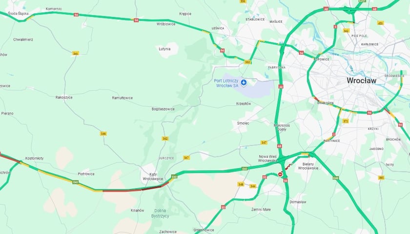 Powiększ obraz: Na mapie, na czerwono zaznaczono korek na A4