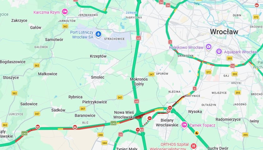 Powiększ obraz: Korek na A4 i na południu Wrocławia, mapa