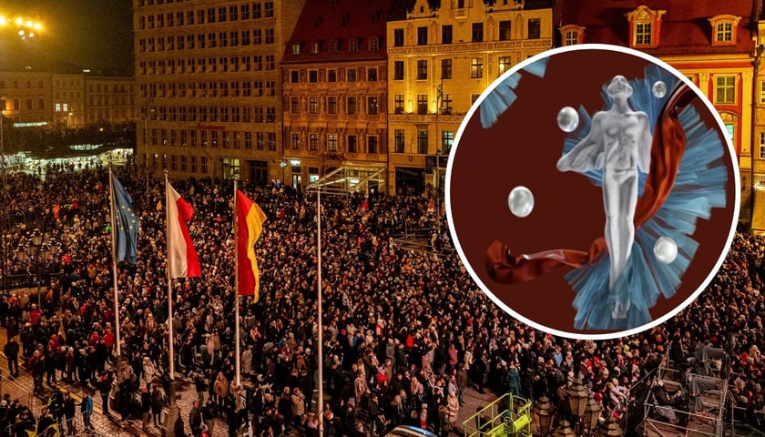 Zdjęcie ilustracyjne - widok  wieczorem na wrocławski Rynek z lotu ptaka wypełniony ludźmi, w prawej części zdjęcia w białym okręgu statuetka Fryderyka.