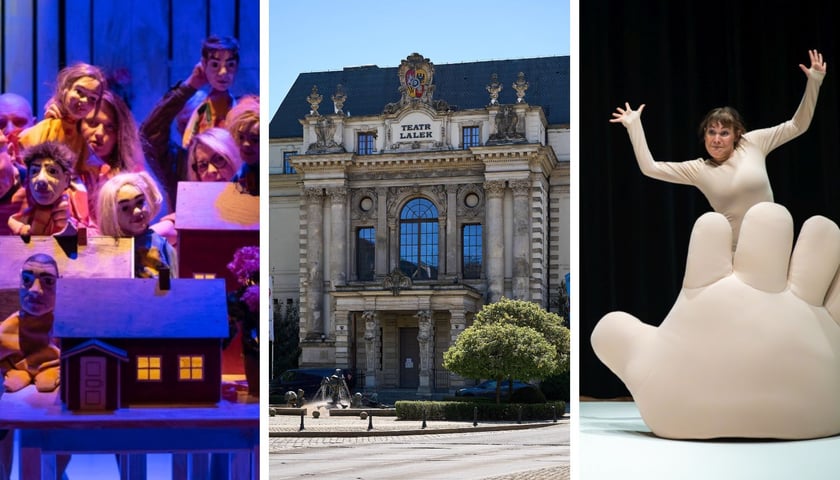 Na zdjęciu z lewej scena ze spektaklu „Dzieci z Bullerbyn”, w środku gmach Wrocławskiego Teatru Lalek, z prawej scena ze spektaklu „Przy Przy”