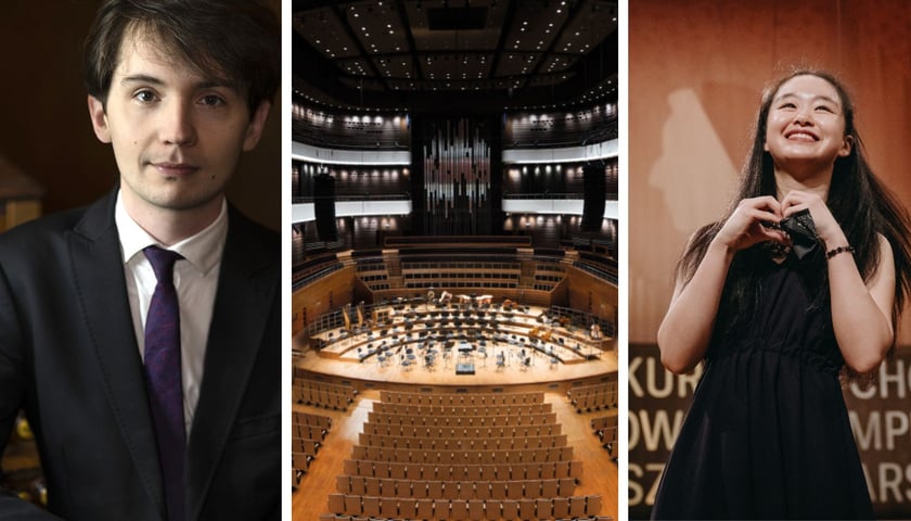 Na 3 zdjęciach od lewej Karol Mossakowski, sala główna Narodowego Forum Muzyki, Tianyao Liu podczas Konkursu Chopinowskiego