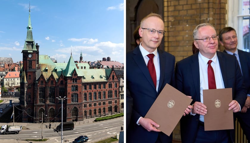 Na zdjęciu z lewej gmach Biblioteki Uniwersyteckiej przy Szajnochy, z prawej dyrektor Ossolineum i rektor Uniwersytetu Wrocławskiego z listami intencyjnymi 