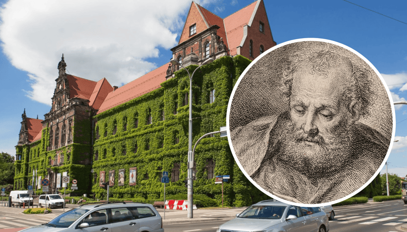 W tle budynek Muzeum Narodowego we Wrocławiu, z prawej strony w kółku dzieło z "Zestawu czterech portretów męskich [Trzej Apostołowie oraz Portret lubiąskiego opata Arnolda Freibergera], niedatowane" Michael Willmann