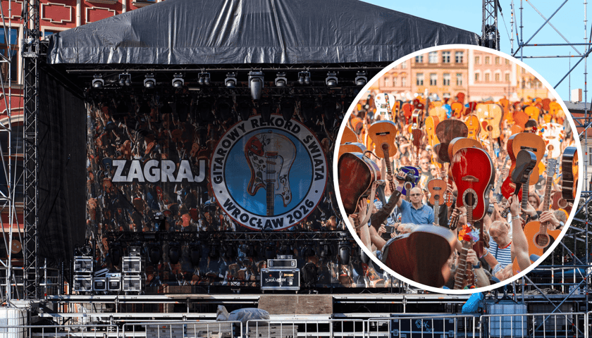 Scena Gitarowego Rekordu Świata 2026 w Rynku, w kółku z prawej tłum gitarzystów (zdjęcie archiwalne)