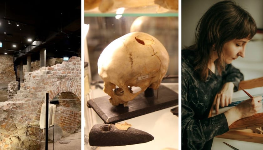 Od lewej ruiny zamku piastowskiego na Ostrowie Tumskim, czaszka w Muzeum Medycyny Sądowej, kobieta kaligrafująca