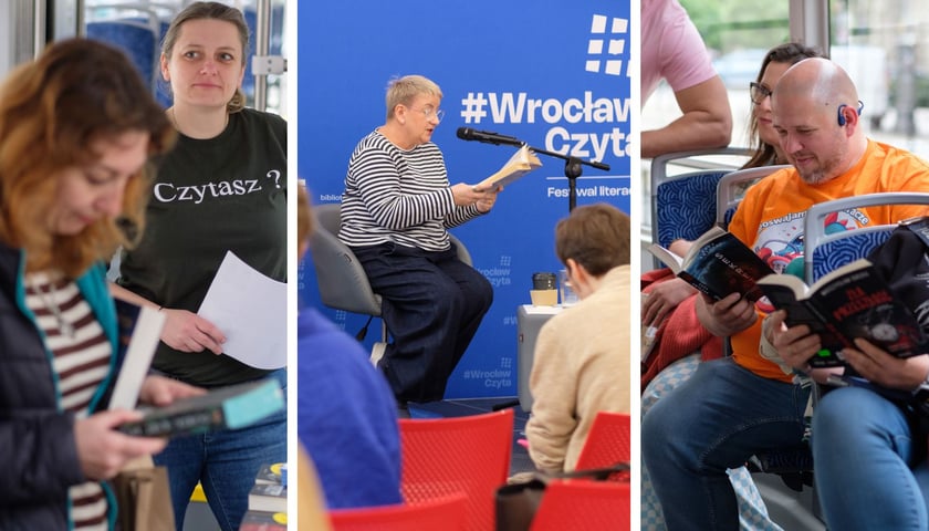 Zdjęcie podzielone na trzy części: z lewej - Dwie kobiety w BookTramie - jedna czytająca książkę; w środku siedząca kobieta na podium czytająca do mikrofonu książkę w tle plansza z napisem "Wrocław czyta"; w prawej - kilka osób siedzących w tramwaju i czytających książki.