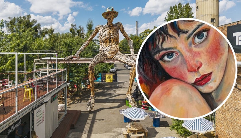 W tle - teren HUTY przy ul. Grabiszyńskiej we Wrocławiu, w kółku - fragment jednego z obrazów wystawionego na aukcji.