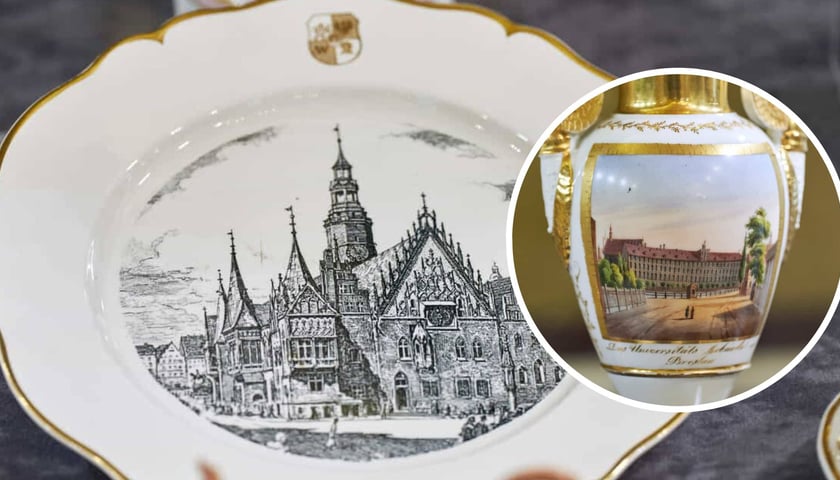 Na zdjęciu głównym talerz z obrazem wrocławskiego ratusza, na małym zdjęciu w kółku fragment malunku na porcelanowej wazie z widokiem Uniwersytetu Wrocławskiego