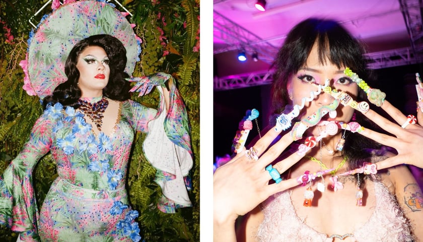 Na zdjęciach są dwie osoby reprezentujące kulturę ballroomu. Zdjęcie po lewej: Lucy, Greenhouse Kiki Ball organizowany przez Dianę Juicy Couture i Kai 007, 2025, fot. Karolina Jeż / Zdjęcie po prawej: fot. Agnieszka Sejud, Birthday Cake Ball