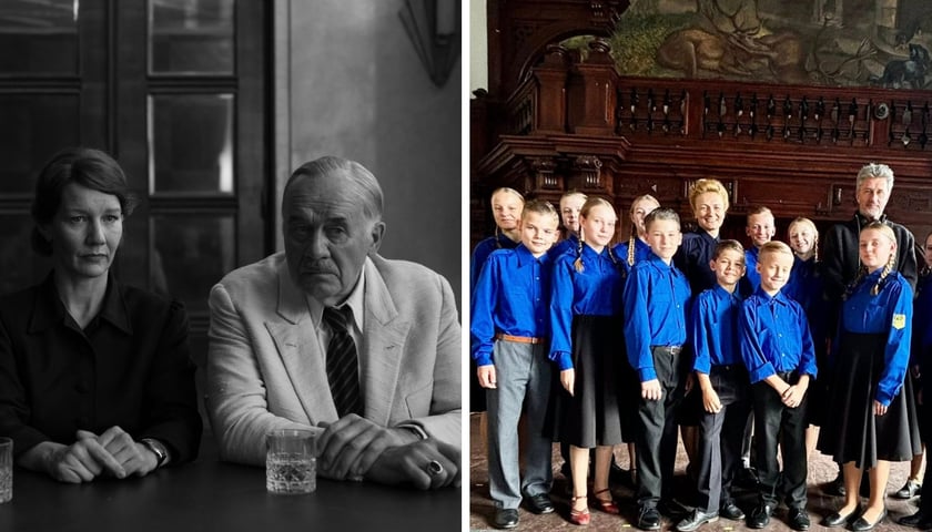 Na zdjęciu z lewej Sandra Hüller i Hanns Zischler w rolach Thomasa Manna i jego córki Eriki, z prawej chórzyści z dwóch zespołów NFM z Małgorzatą Podzielny i reżyserem Pawłem Pawlikowskim na planie filmu