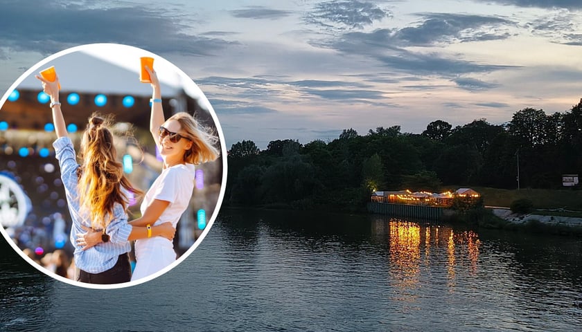 W tle: światła beach baru OpatoVice widziane po zmroku z Jazu Opatowickiego, W kółku: dwie kobiety bawią się na koncercie plenerowym. Zdjęcie ilustracyjne.