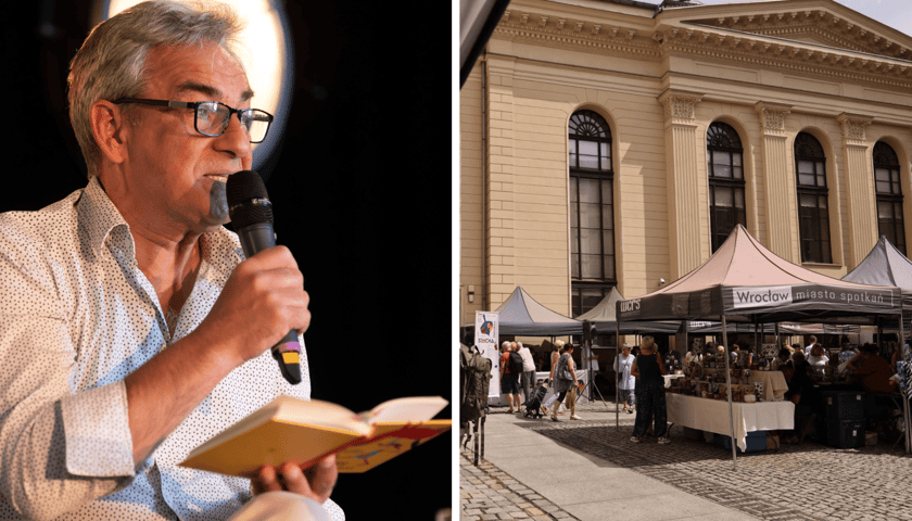 Zestawienie 2 zdjęć: z lewej Robert Gonera z książką i mikrofonem, z prawej Jarmark Żydowski w okolicy Synagogi Pod Białym Bocianem w ramach Festiwalu SIMCHA.