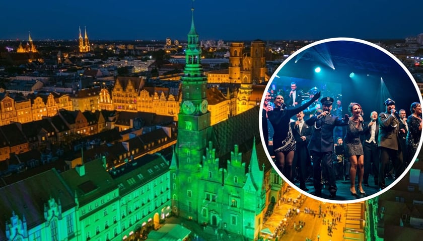 Na zdjęciu dużym wrocławski Rynek oświetlony na kolorowo, na małym zdjęciu w kółku Reprezentacyjny Zespół Artystyczny Wojska Polskiego