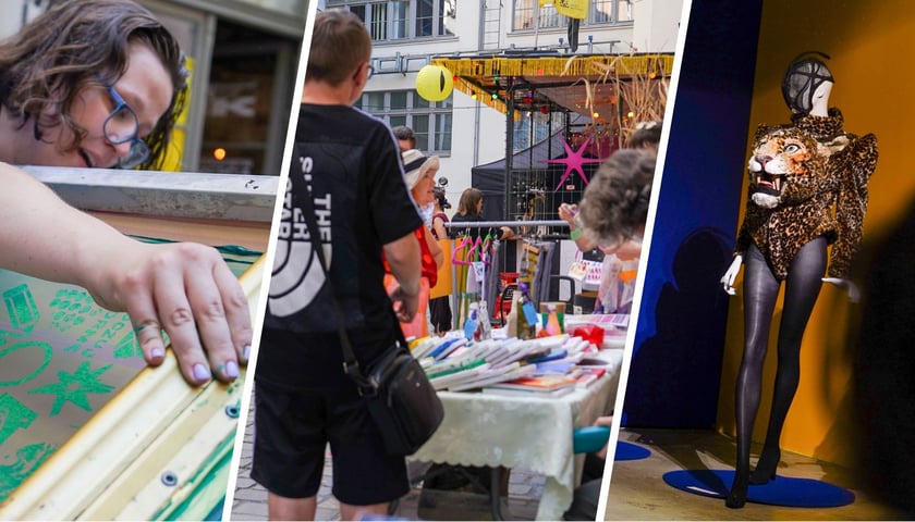 trzy zdjęcia, od lewej: artystka przygotowująca dzieło, stolik na kiermaszu, prezentacja odważnej stylizacji modowej na manekinie.