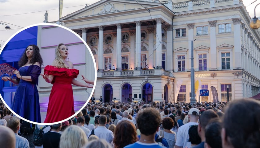Na dużym zdjęciu tłumy Wrocławian przed Operą Wrocławską 21 czerwca, na małym zdjęciu w kółku Aleksandra Opała jako Carmen i Dorota Dutkowska jako Mercédès, jedna z jej przyjaciółek