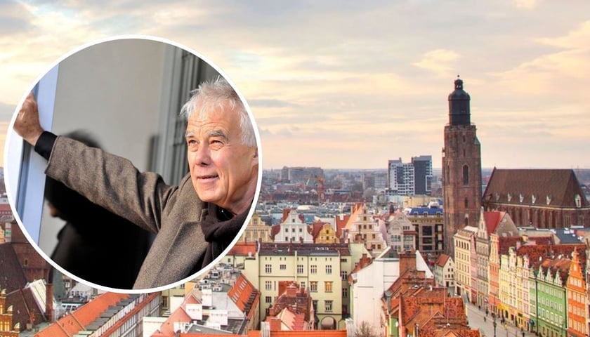 Na dużym zdjęciu panorama centrum Wrocławia z bazyliką św. Elżbiety, na małym zdjęciu Jan Kanty Pawluśkiewicz