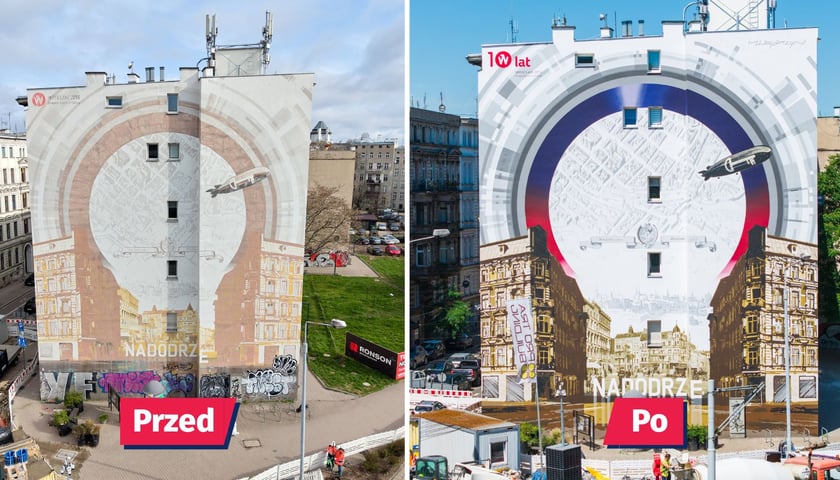 Widok na kamienicę z muralem przed (po lewej) i po renowacji (po prawej). Grafika muralu nawiązuje do ogromnej dziurki od klucza, przez którą widać kamienice i uliczki osiedla Nadodrze, nad którymi lata sterowiec.