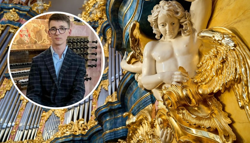 W tle: organy w bazylice św. Elżbiety, w kółku: Piotr Pawlik
