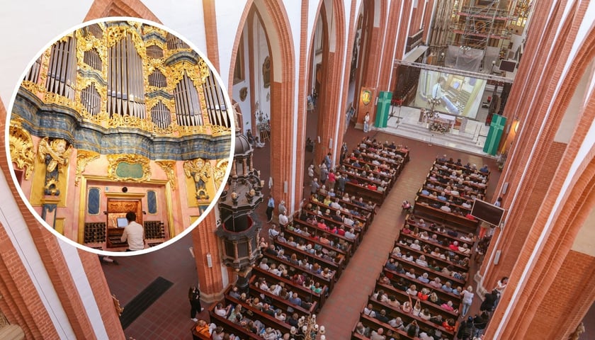 Zdjęcie z chóru ukazujące wnętrze kościoła św. Elżbiety, w lewej części w okrągłym kadrze - fragment organów Englera.