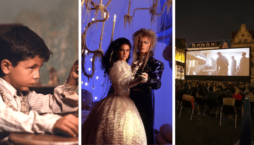 Zestawienie 3 zdjęć: od lewej kadr z filmu "Cinema Paradiso" (chłopiec - Salvatore Cascio), w środku kadr z "Labiryntu" (David Bowie, Jennifer Connelly), z prawej ekran w Rynku