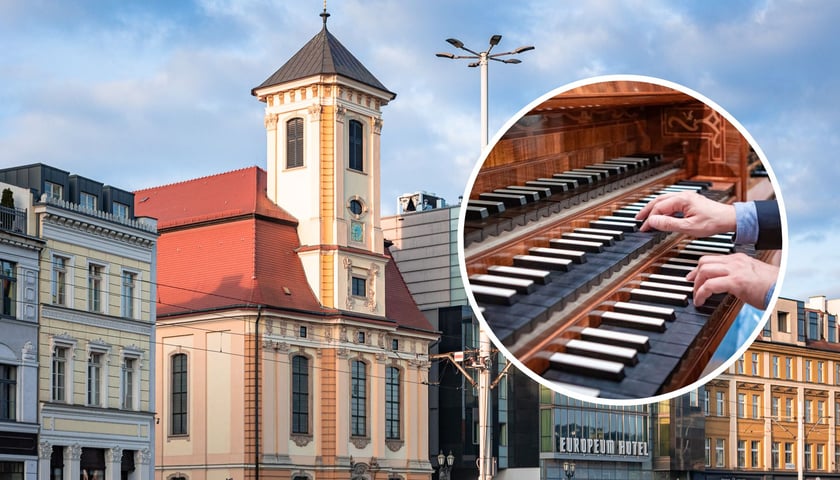 W tle:  kościół Opatrzności Bożej przy ul. Kazimierza Wielkiego we Wrocławiu. W kółku:  stół do gry organów - zdjęcie ilustracyjne.
