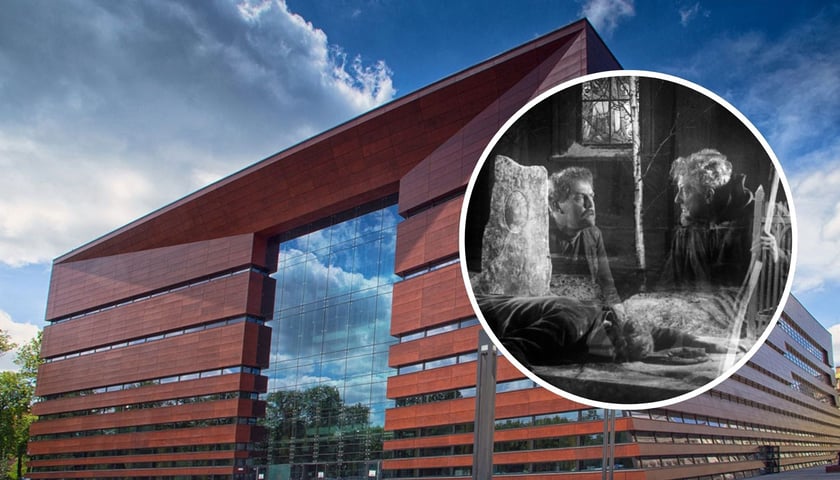 na zdjęciu dużym gmach Narodowego Forum Muzyki, na zdjęciu małym w kółku kadr z filmu niemego „Furman śmierci”