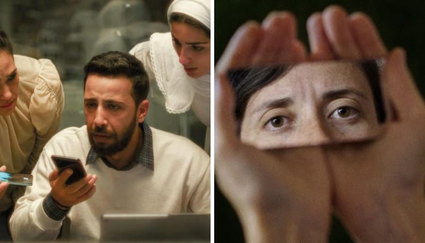 Na zdjęciu z lewej bohaterowie filmu „Głos Hind Rajab”, z prawej kobieta trzymająca w dłoniach lusterko z filmu „Metamorfoza ptaków” 