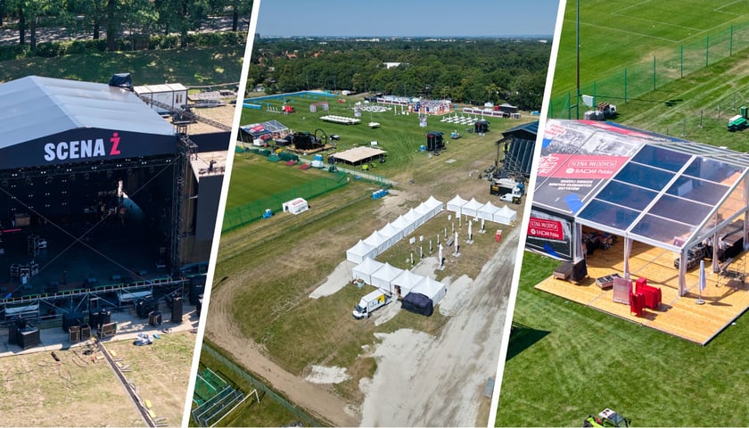 Budowa miasteczka Męskiego Grania na Polach Marsowych, trzy zdjęcia z drona: czarna scena przygotowywana do występu górującym napisem "Scena Ż"; ogólna panorama Pól Marsowych z widoczną infrastrukturą koncertową; wiata w której urządzona zostanie jedna ze stref festiwalu
