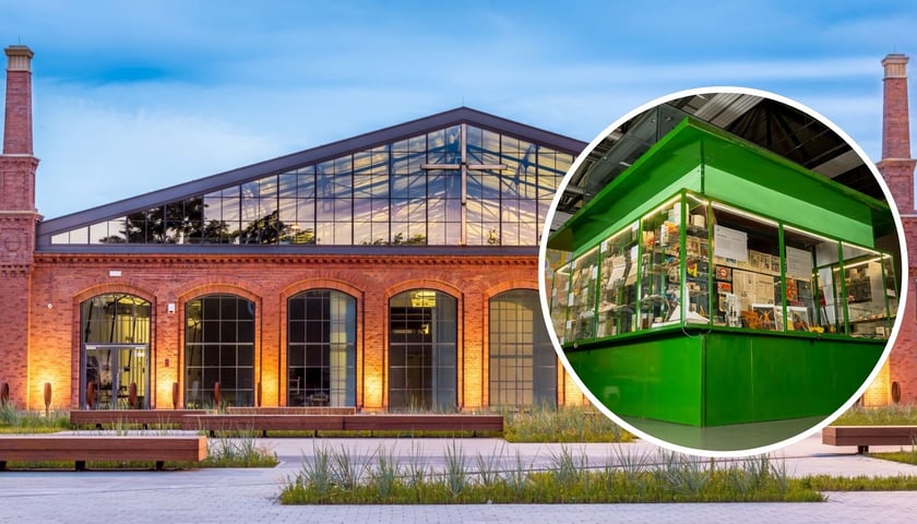 na zdjęciu dużym budynek Centrum Historii Zajezdnia przy Grabiszyńskiej 184, na małym zdjęciu w kółku jeden z eksponatów-dawny kiosk
