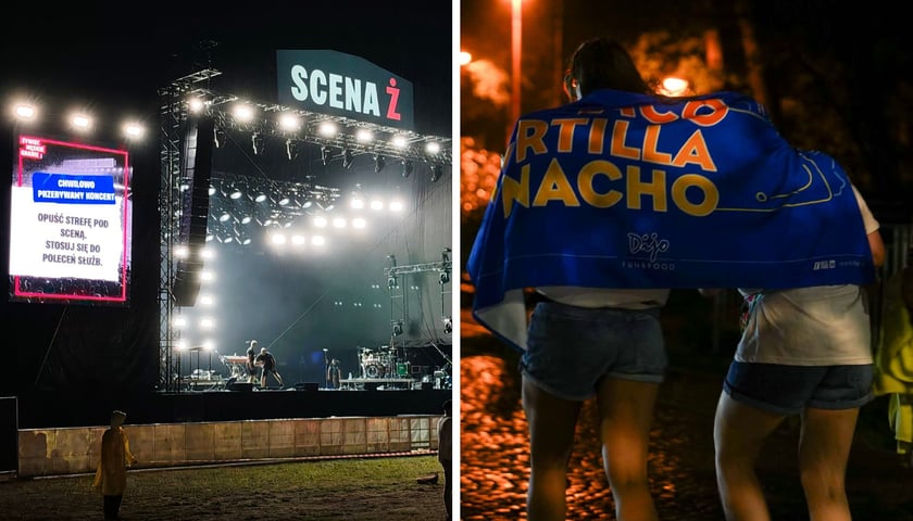 dwa zdjęcia, od lewej: Scena Ż z wyświetlonym na telebimie komunikatem "Opuść  strefę pod sceną. Stosuj się do poleceń służb"; ubrane w letnie stroje osoby kryją się przed deszczem pod niebieskim kocem