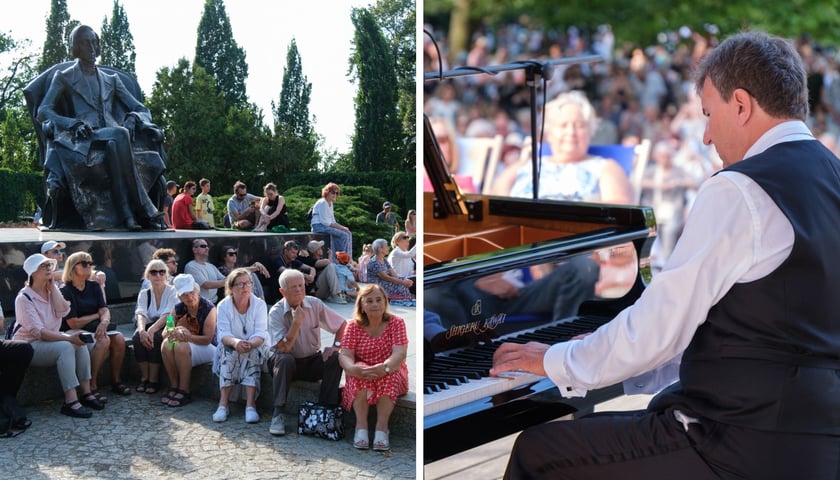 dwa zdjęcia z koncertu: publiczność z pomnikiem Chopina w tle; pianista w trakcie koncertu