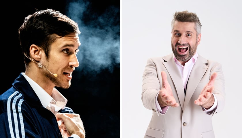 dwa zdjęcia, od lewej: Dominik Smaruj (aktor w trakcie występu teatralnego, ubrany w białą koszulę i ciemną bluzę dresową z trzema paskami); Piotr Gumulec (zdjęcie entuzjastycznego mężczyzny w jasnym garniturze podczas profesjonalnej sesji fotograficznej)