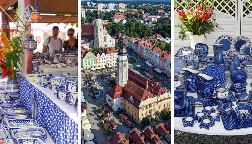 Na zdjęciach od lewej: jedno ze stoisk z bolesławiecką ceramiką, rynek w Bolesławcu z lotu ptaka, słynna ceramika w niebiesko-białe wzory