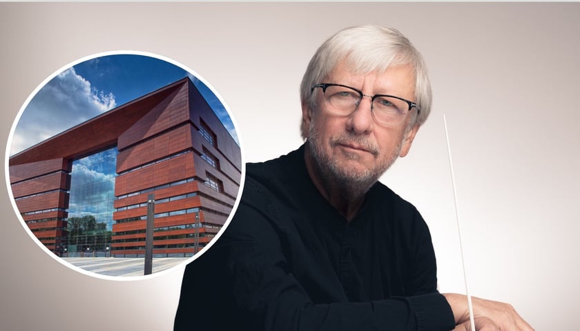 Na dużym zdjęciu Andrzej Kosendiak z batutą, na małym zdjęciu w kółku gmach Narodowego Forum Muzyki 