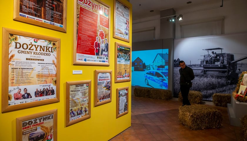 Archiwalne plakaty informujące o dożynkach pod Wrocławiem (element wystawy w Muzeum Etnograficznym - zdjęcie archiwalne z 2022 r.)