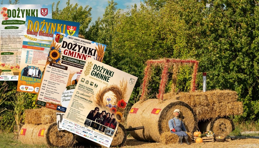 zdjęcie ilustracyjne: traktor ze słomy - tzw. witacz dożynkowy; z lewej strony miniatury czterech plakatów zapowiadających wydarzenia dożynkowe w gminach