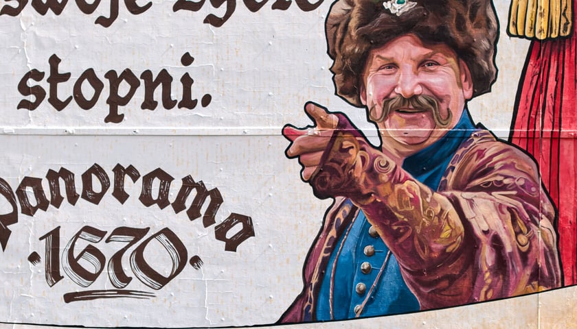 Fragment muralu z portretem Jana Pawła Adamczewskiego z serialu pt. 1670, Wrocław