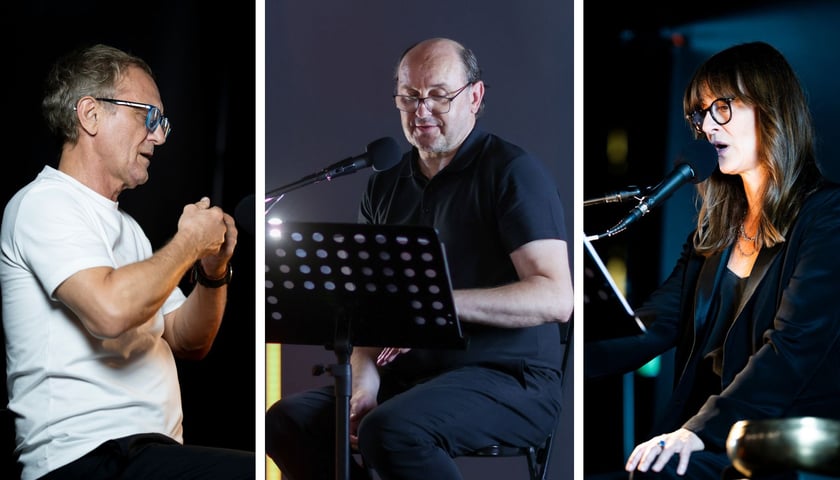 Zestawienie 3 zdjęć: od lewej Andrzej Chyra, obok Adam Woronowicz, z prawej Maja Ostaszewska. Teatr PO KOLEI na Dworcu Głównym