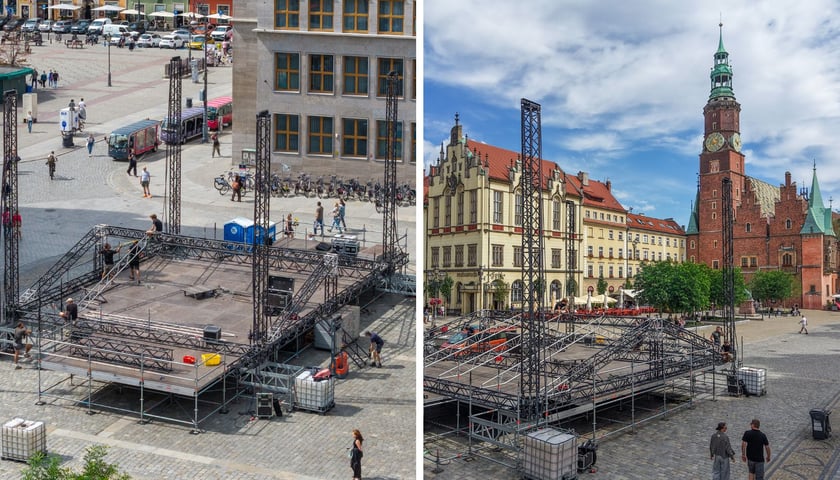 dwa zdjęcia z budowy sceny na Rynku: scena powstaje przy wejściu na Rynek od strony pl. Solnego; w tle widoczny jest Stary Ratusz