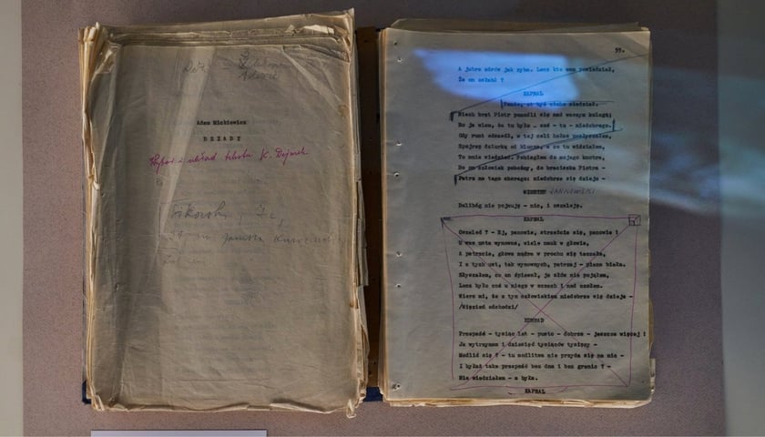 Egzemplarz reżyserski "Dziadów" ze zbiorów instytutu Teatralnego im. Z. Raszewskiego w Warszawie (element wystawy w Muzeum Pana Tadeusza). Noszący ślady intensywnego użytkowania egzemplarz książki, z widocznymi odręcznymi dopiskami.