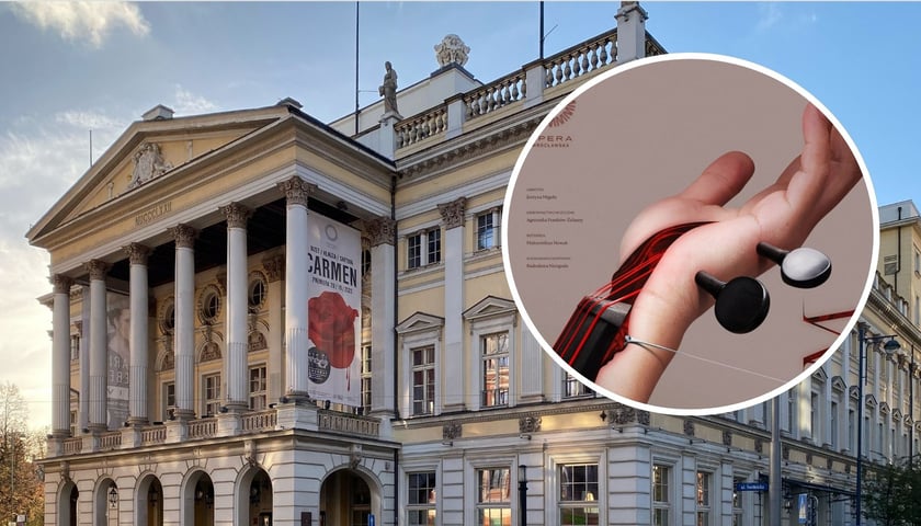 W tle: Opera Wrocławska, w kółku: plakat opery „GenOM” 