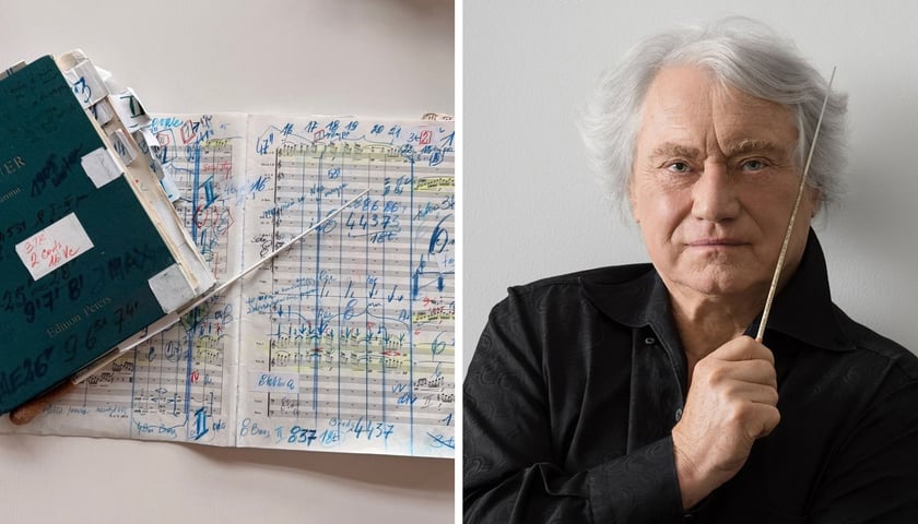 Na zdjęciu z lewej zapisana kolorami partytura „La Mer” Debussy'ego, na zdjęciu z prawej Maestro Jerzy Maksymiuk z batutą 