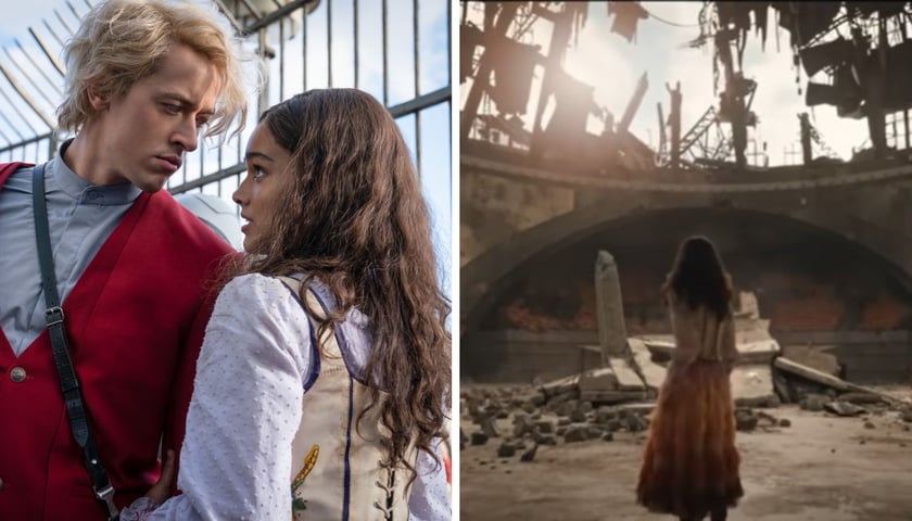 dwa zdjęcia, fotosy z filmu „Igrzyska śmierci: Ballada ptaków i węży”: Tom Blyth i Rachel Zegler na planie; wnętrze Hali Stulecia w trailerze filmu