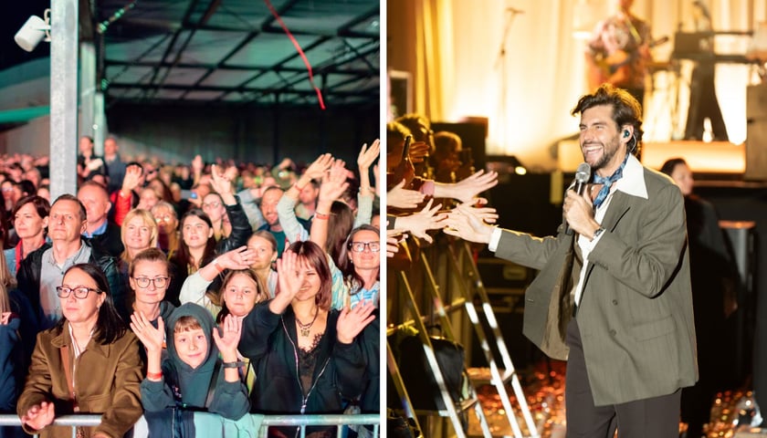 dwa zdjęcia: publiczność na koncercie i Alvaro Soler podczas występu na dachu centrum handlowego Westfield Wroclavia